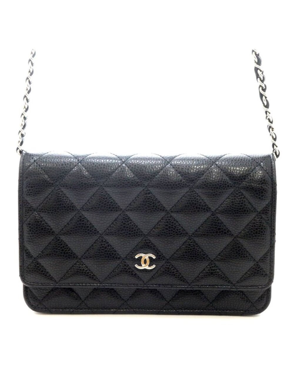 Chanel Quilted Chain Wallet Shoulder Bag Caviar Leather Black Silver